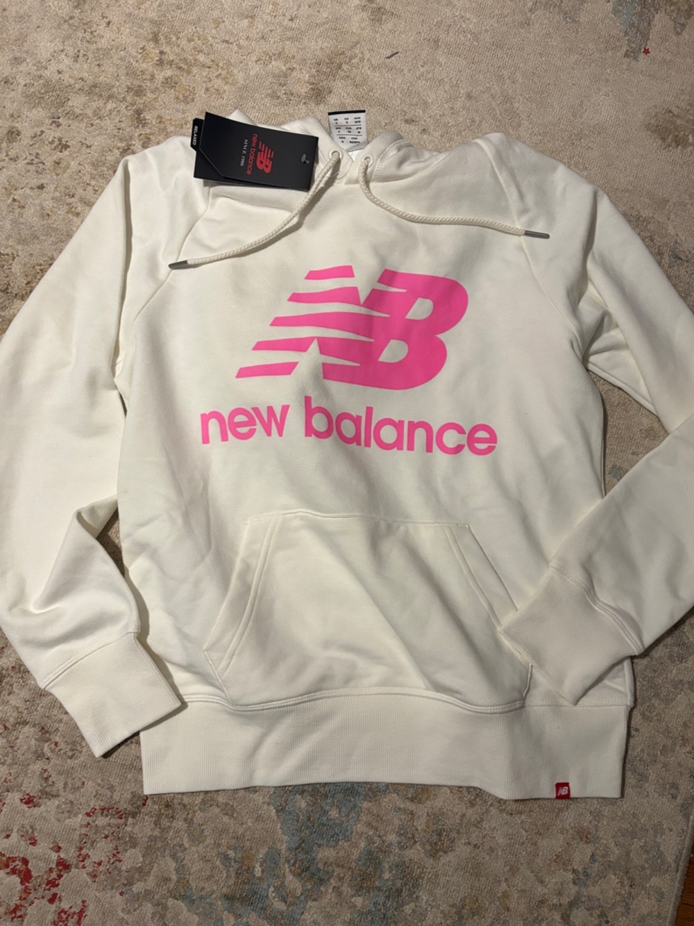 New Balance Ivory Hoodie with Pink Logo